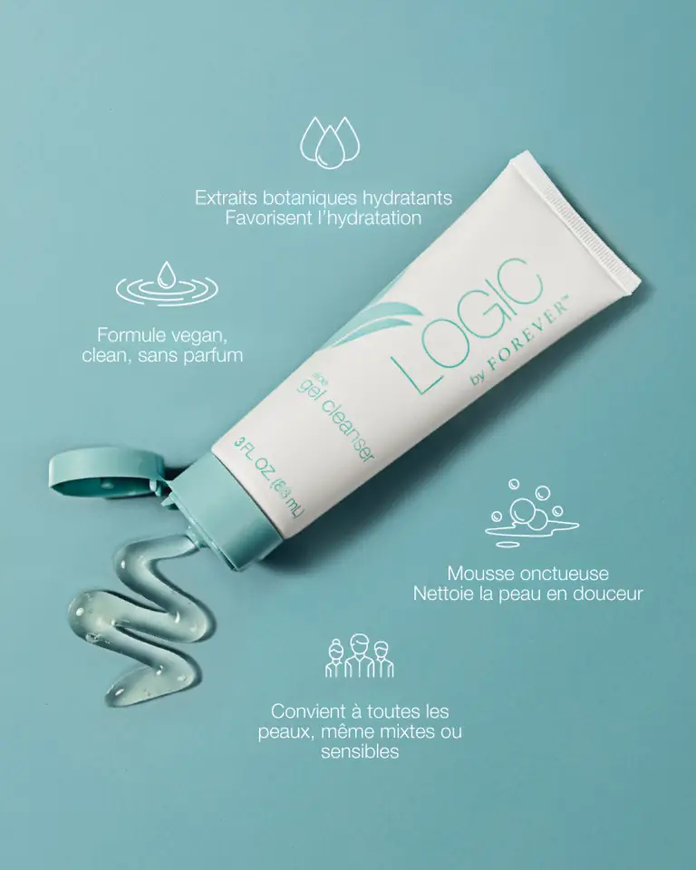 Gel nettoyant visage doux dans un tube bleu avec texture gel sur fond pastel