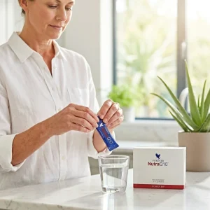 femme préparant une boisson au Q10 illustrant une routine quotidienne pour soutenir l’énergie et le cœur